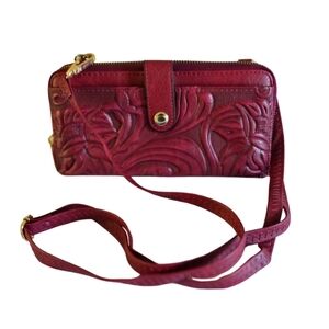 Y2K Burgundy Tooled Embossed Faux Leather Bag Small Shoulder Purse Wallet